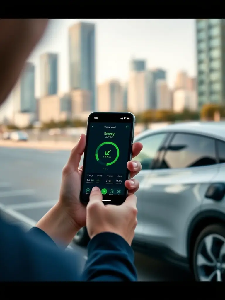 A modern graphic illustrating an EV owner monitoring and managing their energy usage through a user-friendly mobile app, showcasing the cost savings and energy optimization benefits of V2G technology.